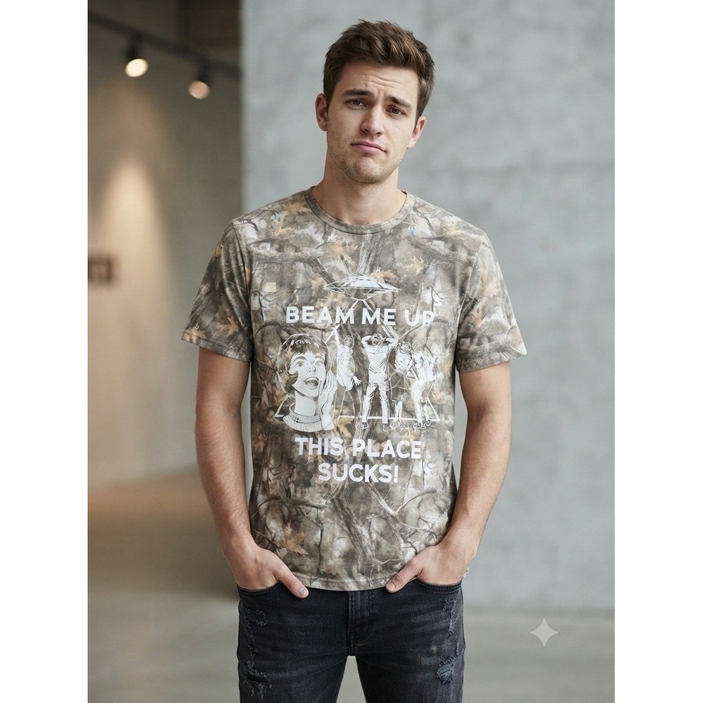 Stranger Things Shirt Brown Real Tree Beam Me Up Alien Graphic Tee NWT Mens M